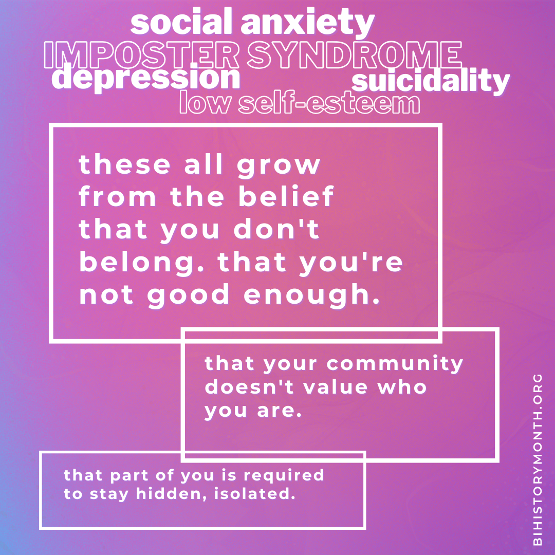 a pink gradient with purple edges says: social anxiety. imposter syndrome. depression. suicidality. low self-esteem. these all grow from the belief that you don't belong. that you're not good enough. that your commmunity doesn't value who you are. that part of you is required to stay hidden, isolated.