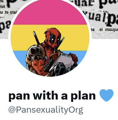 icon of
pansexuality org's twitter account, which happens to be deadpool intently writing in a notebook
against a pan flag background.